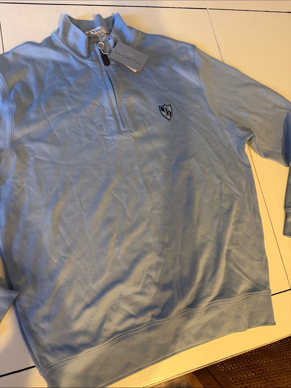 Men's New Medium Light Blue Quarter-Zip  with B Crest.  Great For Golf! NWT